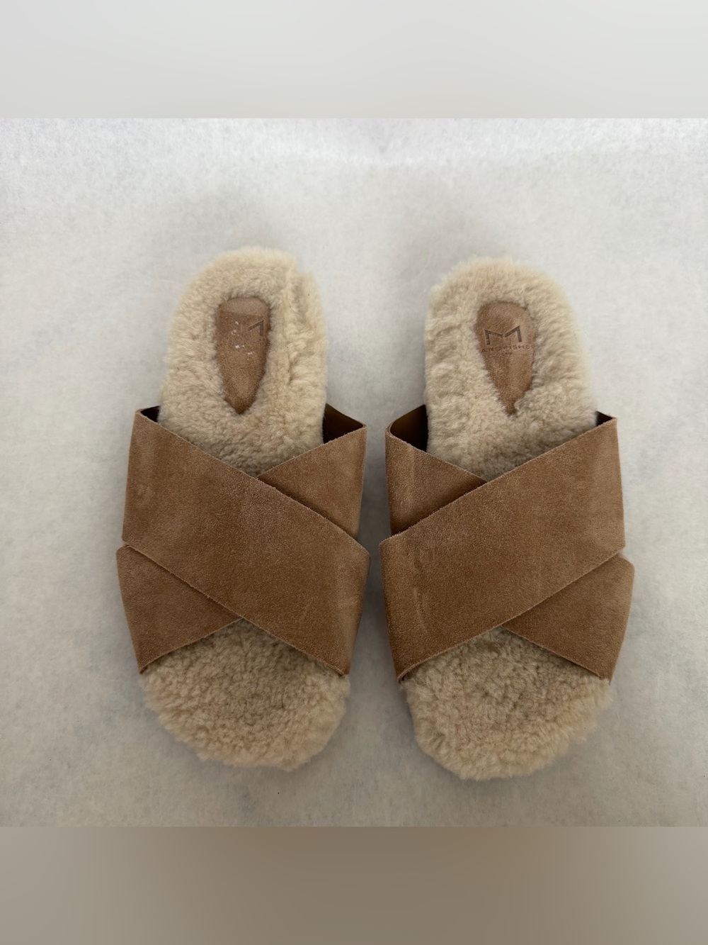 Marc Fisher LTD Canna Cozy Slide Sandals Camel Tan Suede Shearling Size 8M New